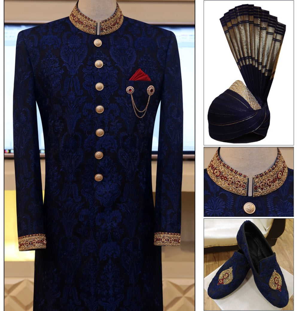 Navy blue sherwani package with embroidered work for regal look