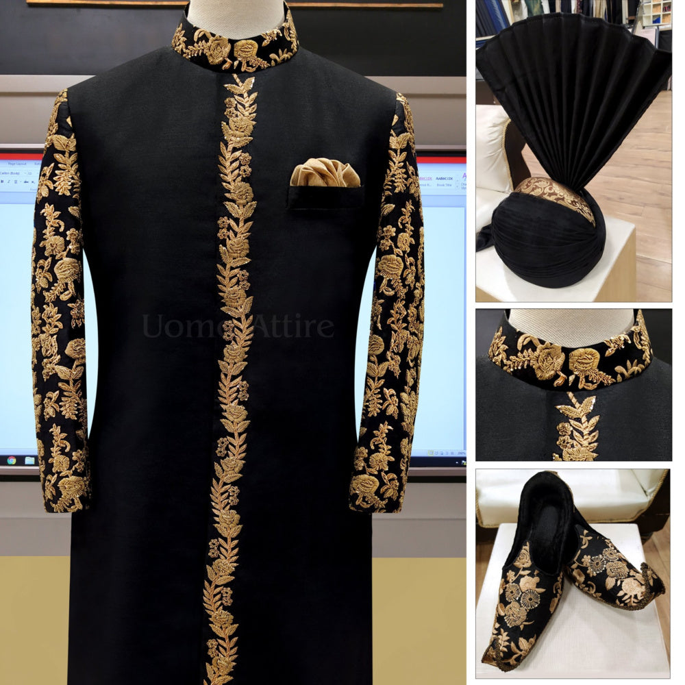 Black sherwani package with micro antique golden embellished