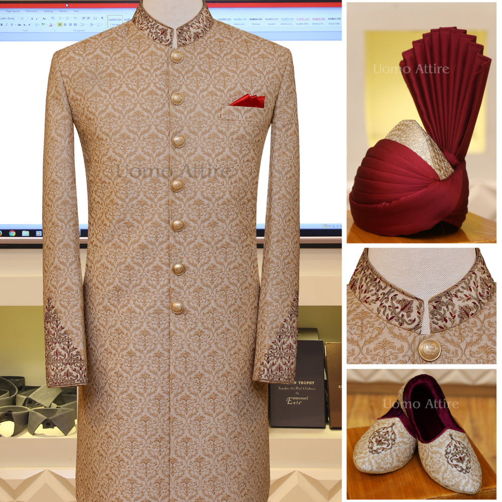 Luxurious golden sherwani with unique embroidery work
