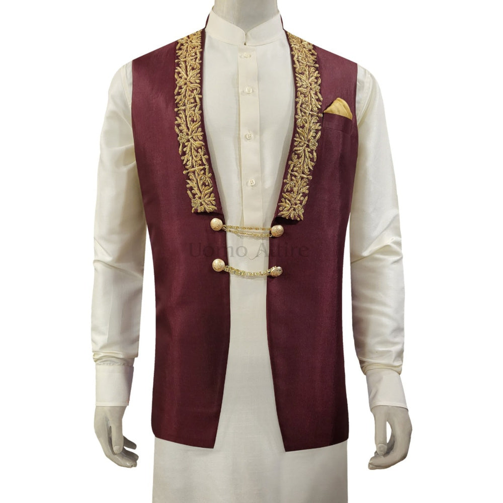 
                  
                    Maroon Waistcoat with Kurta Pajama | Waistcoat for Mehndi
                  
                