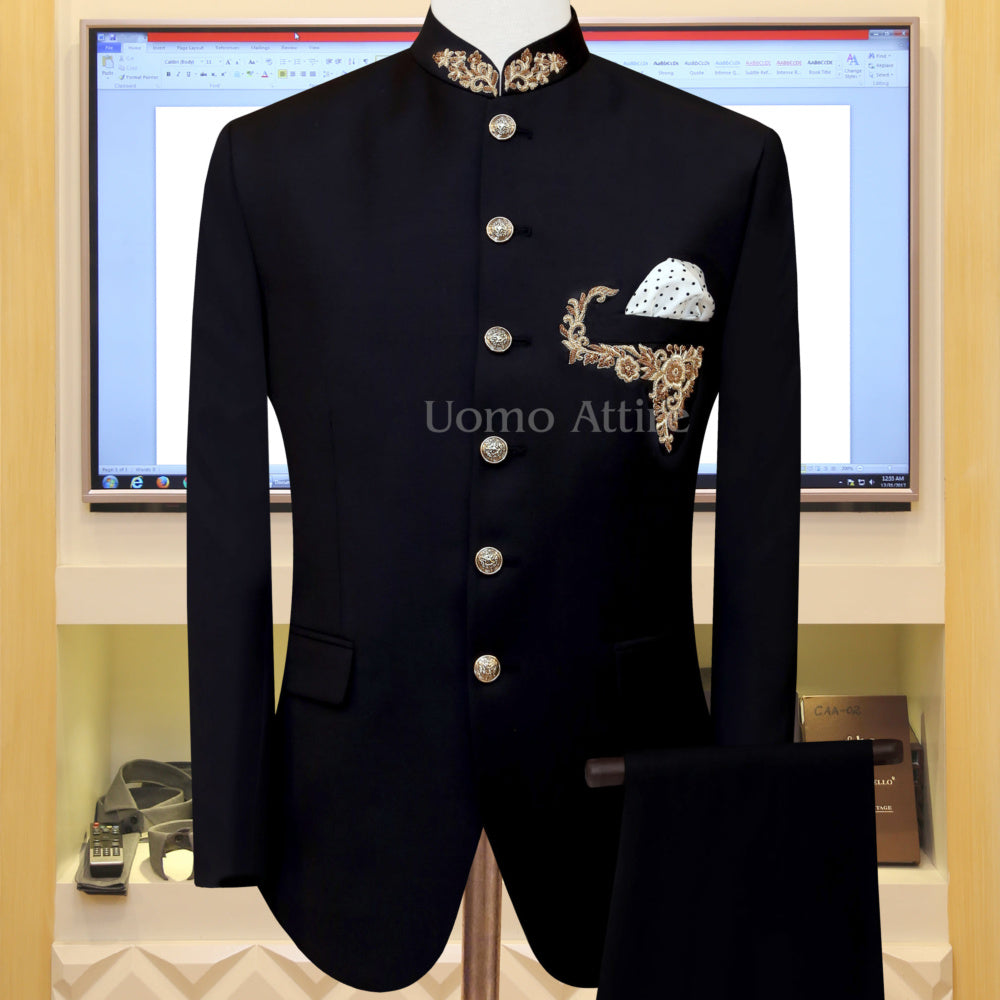 Jet black embellished tropical woolen fabric prince suit