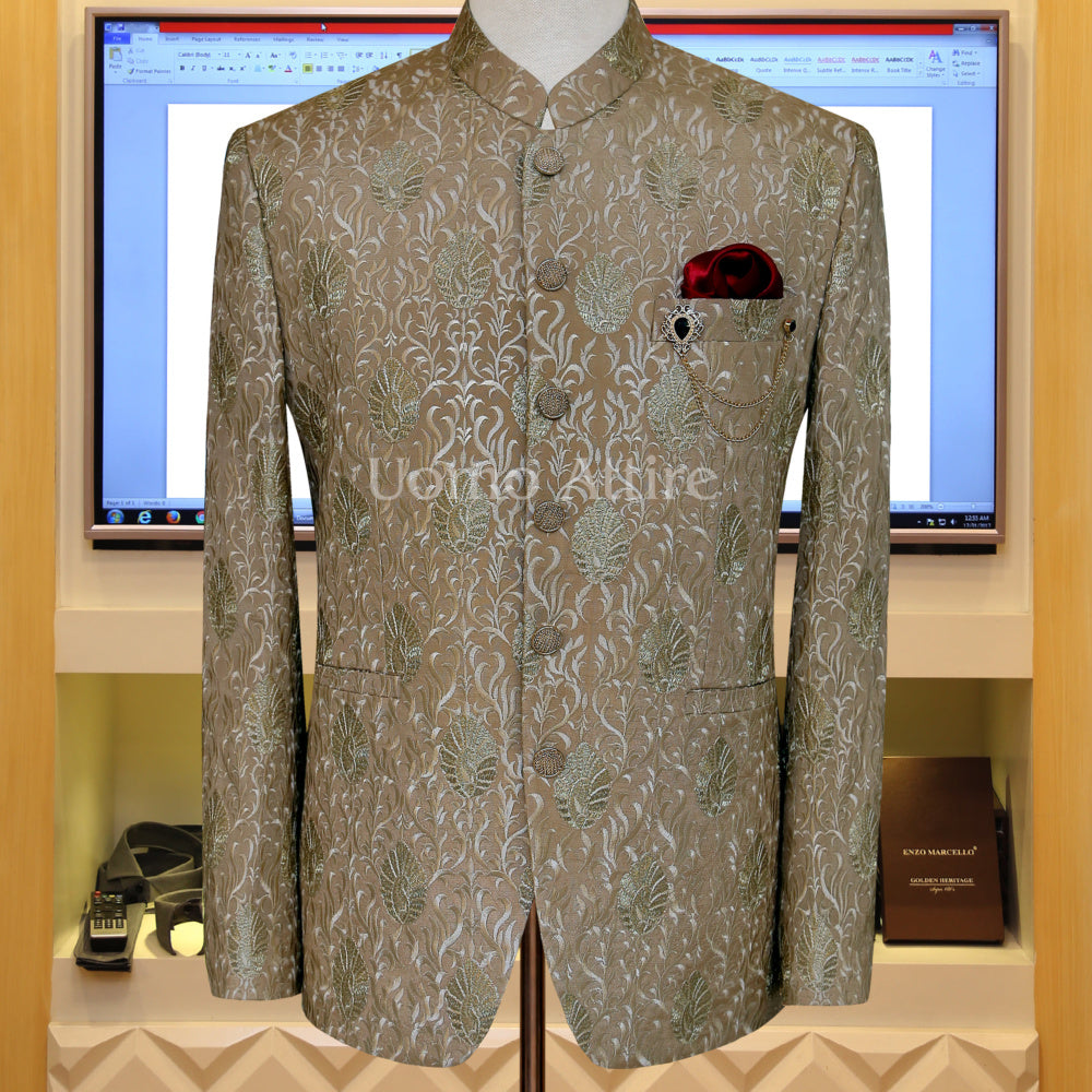 Rao silk embroidered prince coat, broach and pocket square