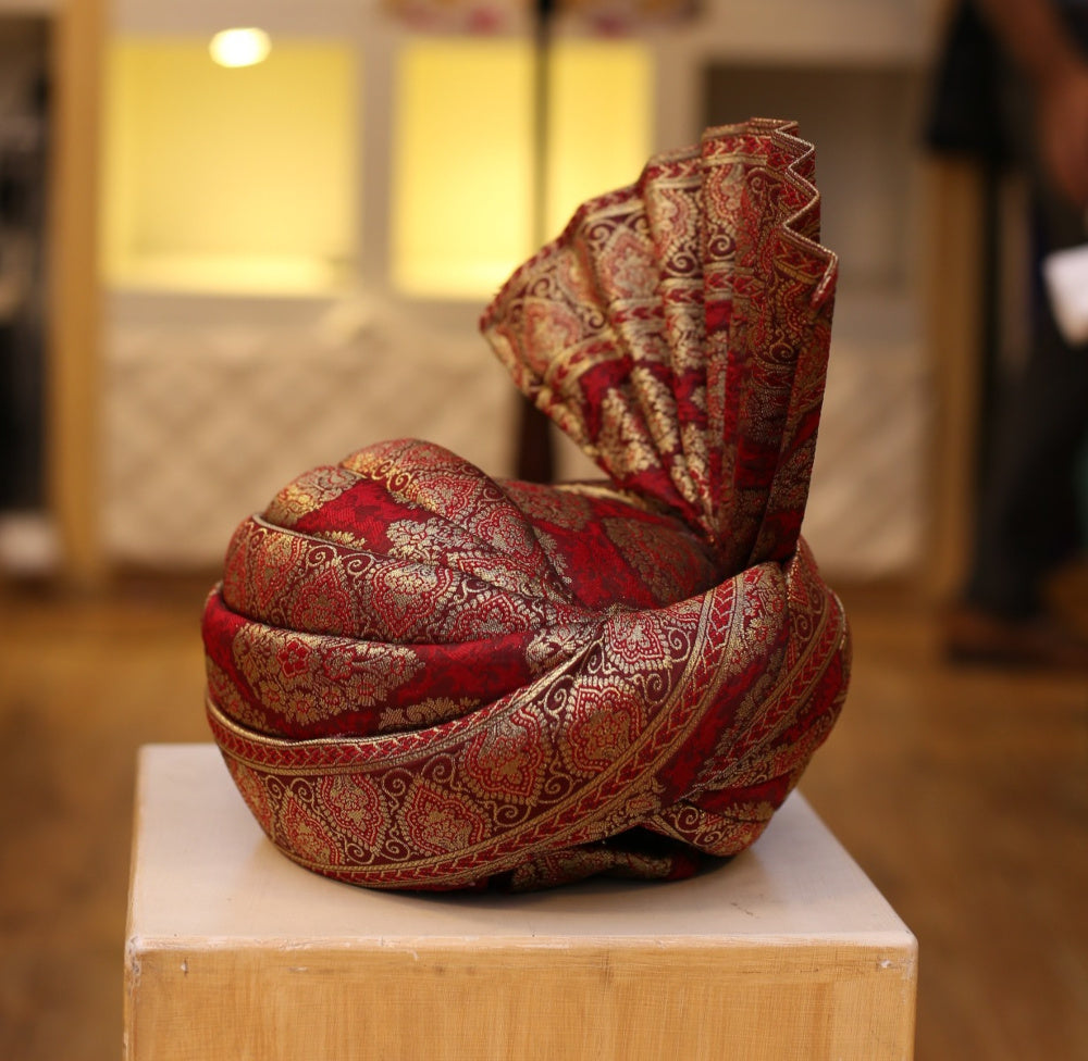 Latest Design Texured Red and Antique Gold Rajasthani Turban