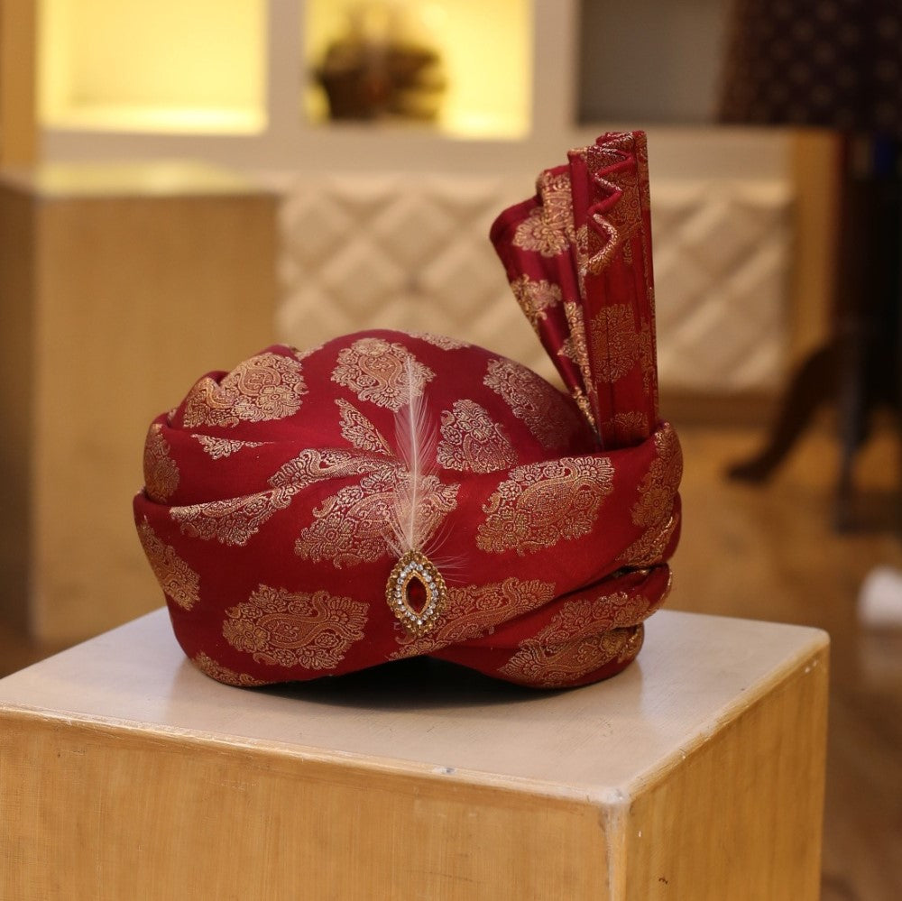 Combination of Red and Antique Gold Color Rajasthani Turban
