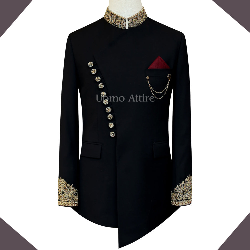 Black embellished angrakha style customized prince coat
