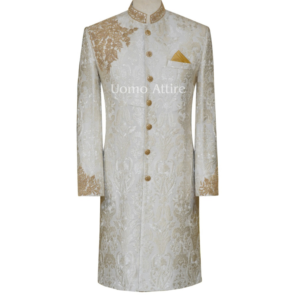 
                  
                    Luxurious short customized sherwani full package in organza embroidered fabric
                  
                