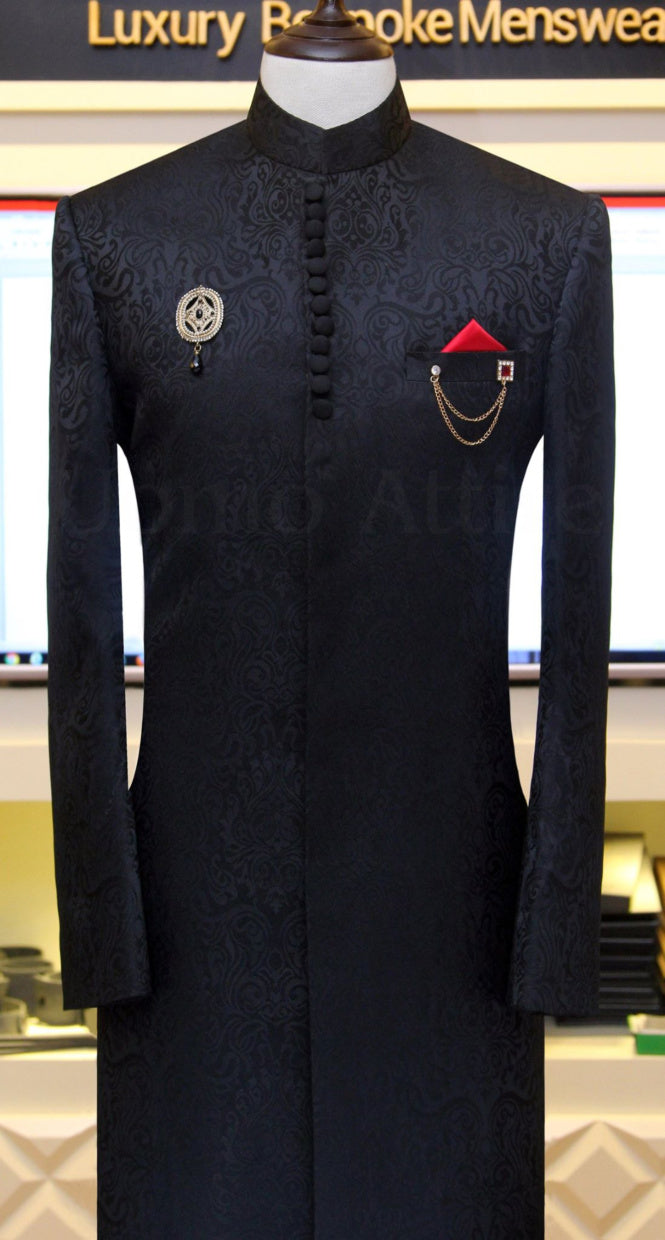 Black wedding sherwani in self printed jamawar