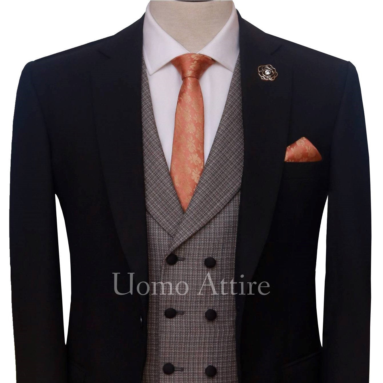 
                  
                    Black contrast Italian tropical customized 3 piece suit
                  
                