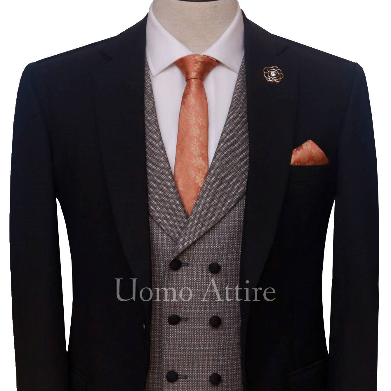 Black contrast Italian tropical customized 3 piece suit