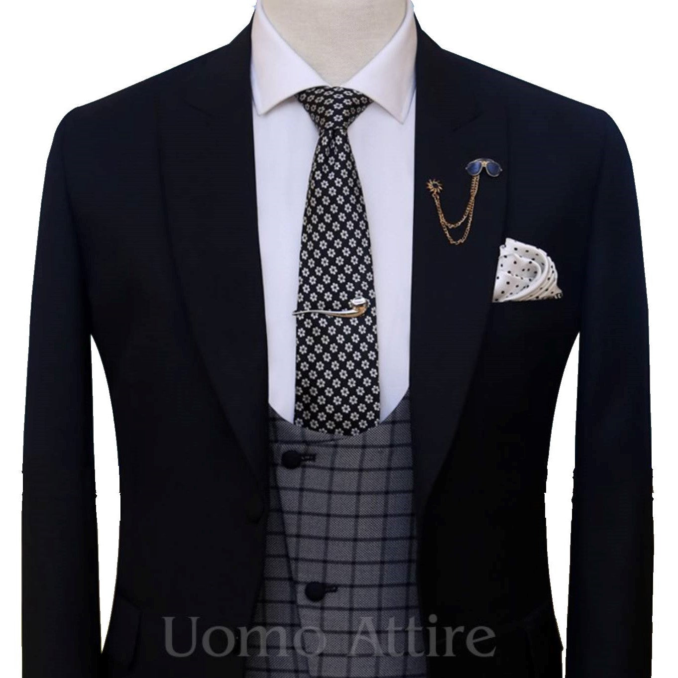 
                  
                    Black contrast three piece suit for wedding
                  
                