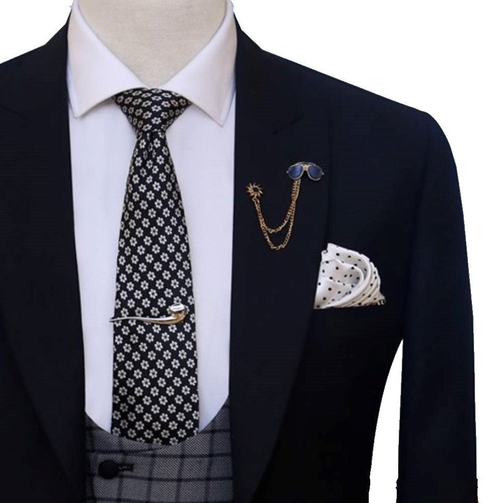 Black contrast three piece suit for wedding with black matching designer tie and pocket square with designer cut vest
