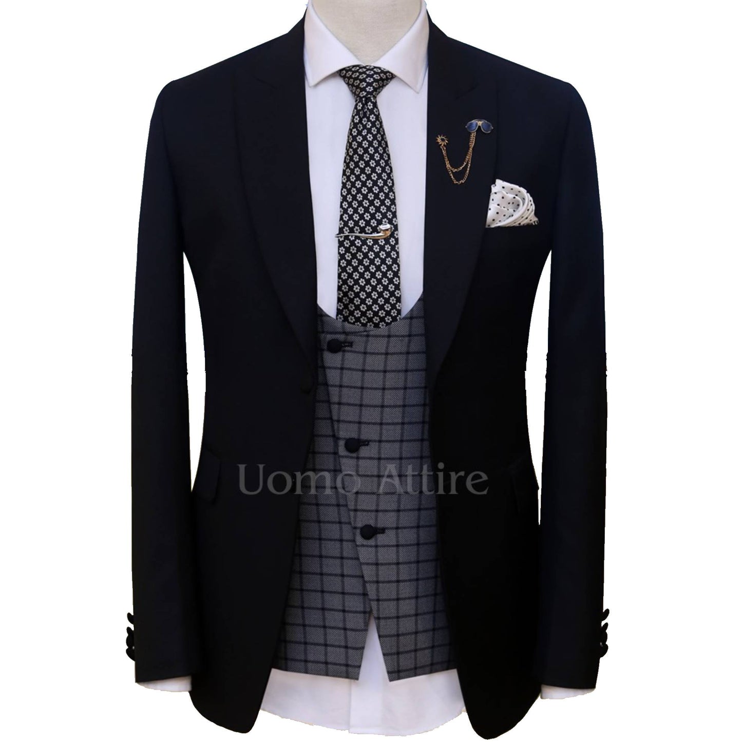 Black contrast three piece suit for wedding