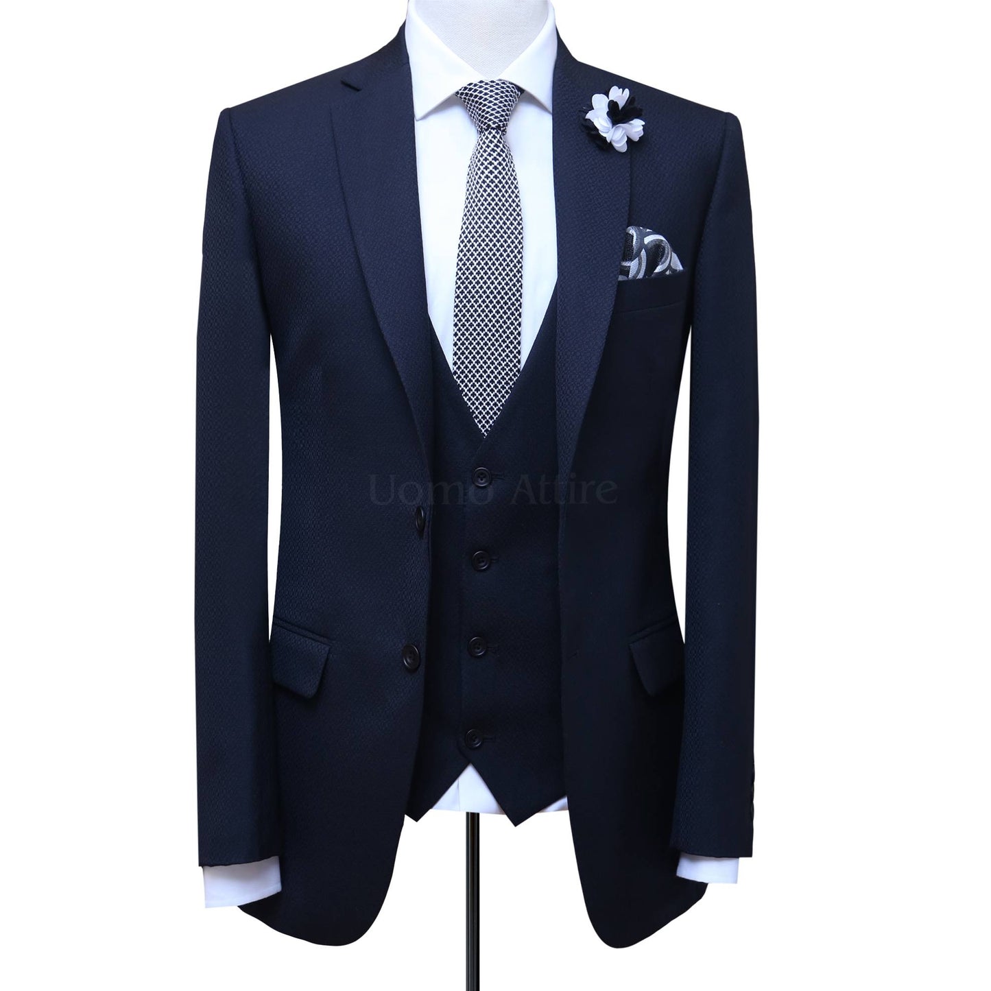 Black self textured italian 3 piece suit