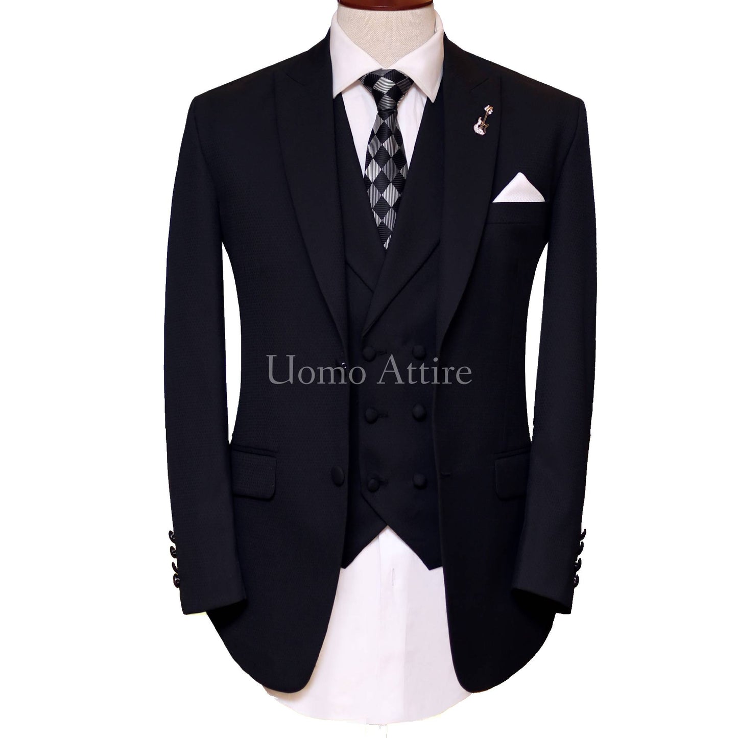 Black self textured three piece suit 100% woolen with same fabric double breasted vest