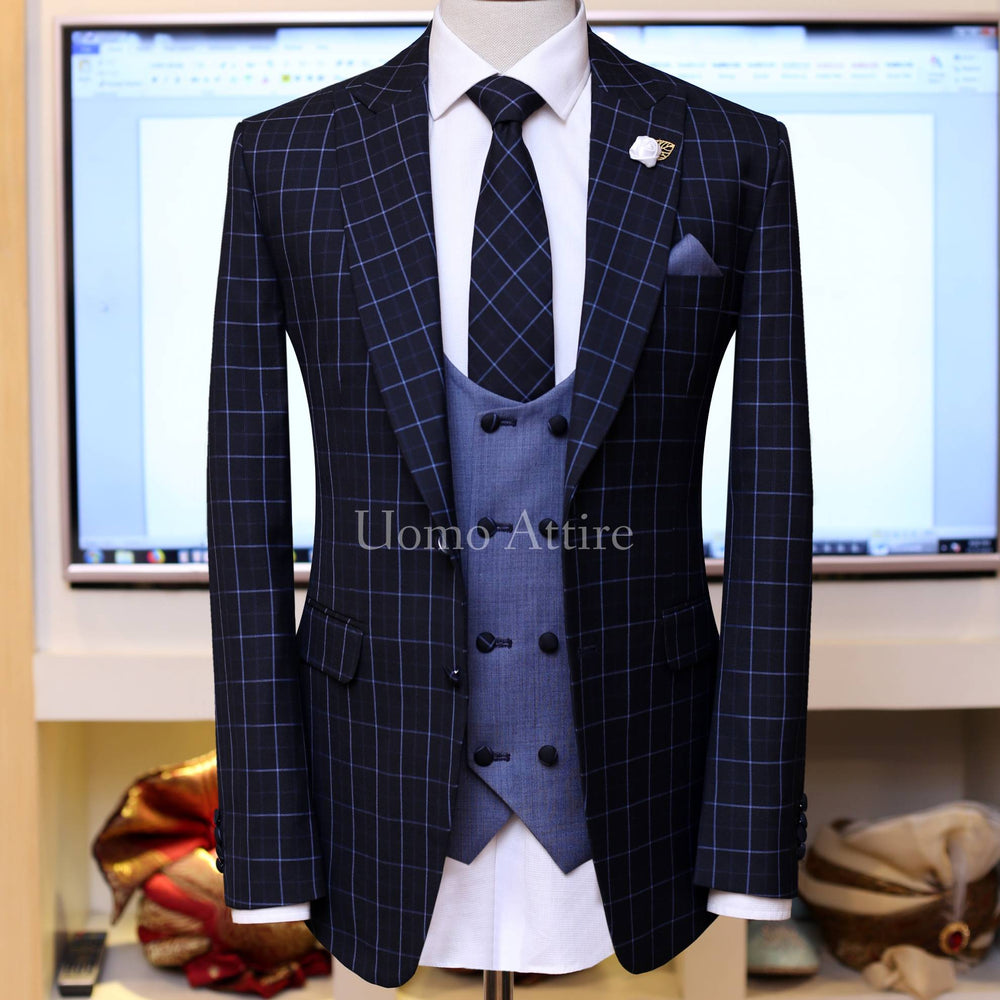 Black with sky blue windowpane check 3 piece suit