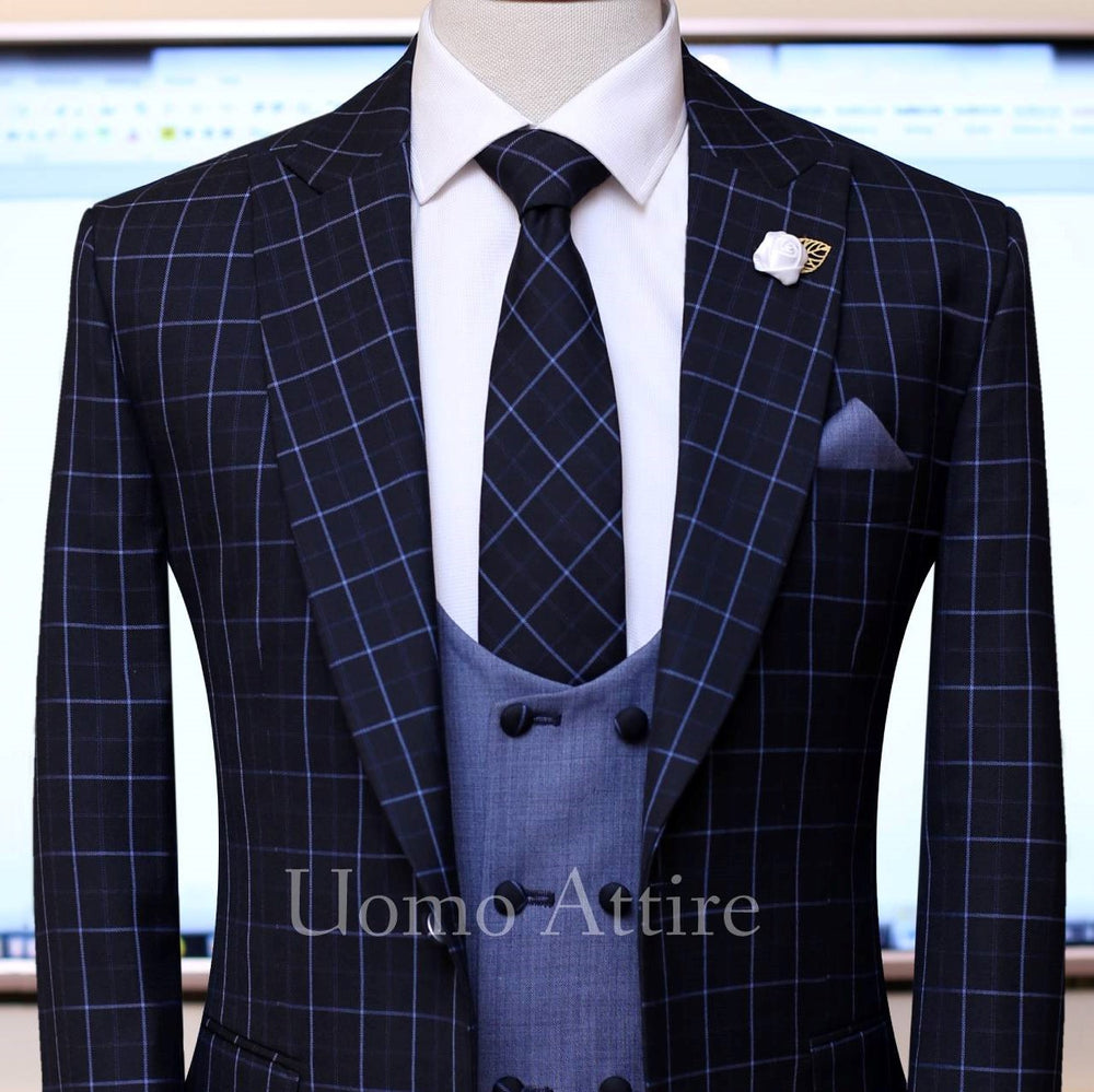 
                  
                    Black with sky blue windowpane check 3 piece suit
                  
                