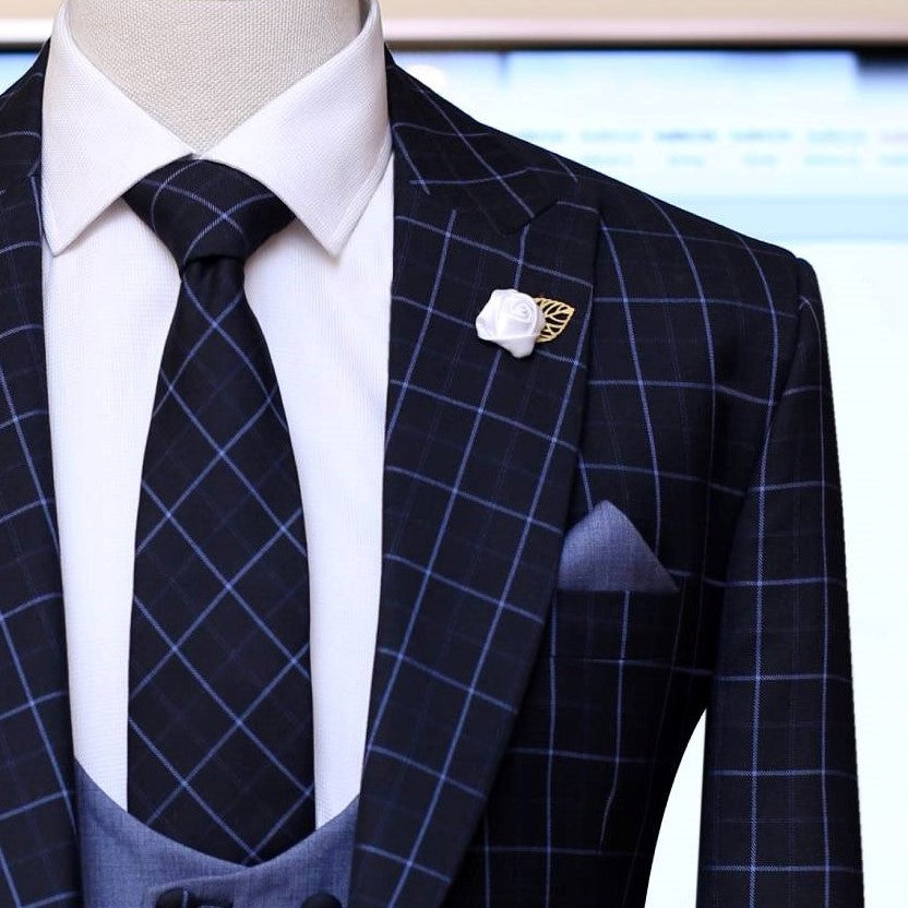 
                  
                    Black with sky blue windowpane check 3 piece suit
                  
                