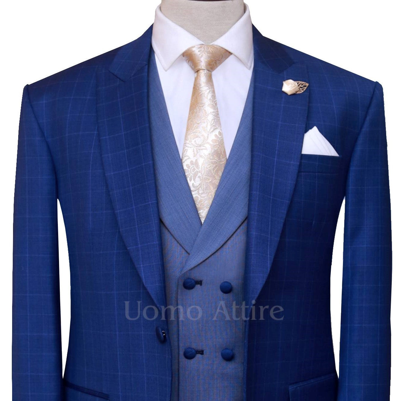 Blue wedding suit for men with double breasted shawl lapel vest, blue suit for men
