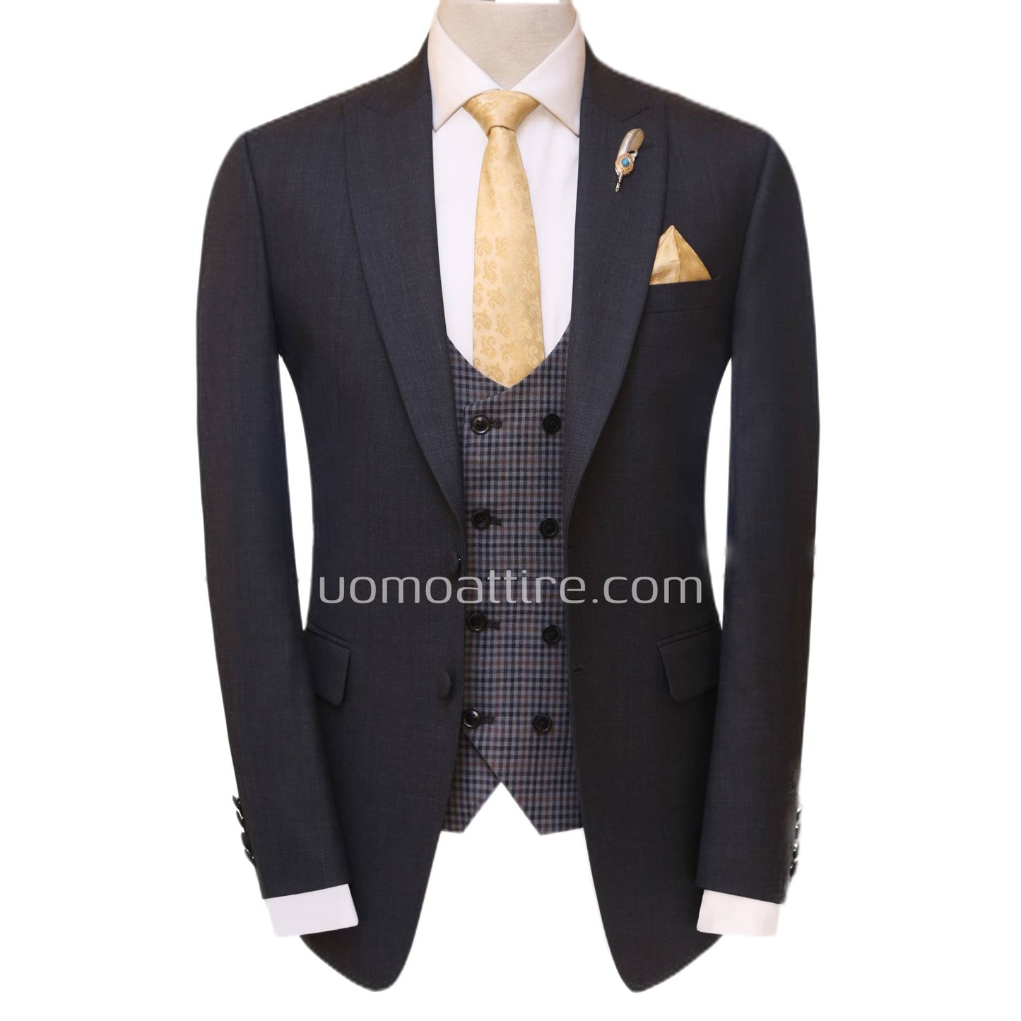 Charcoal gray three piece suit for men with mini check double breasted vest