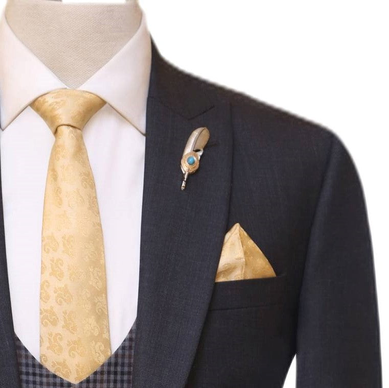 Charcoal gray three piece suit for men with pocket square and lapel pin