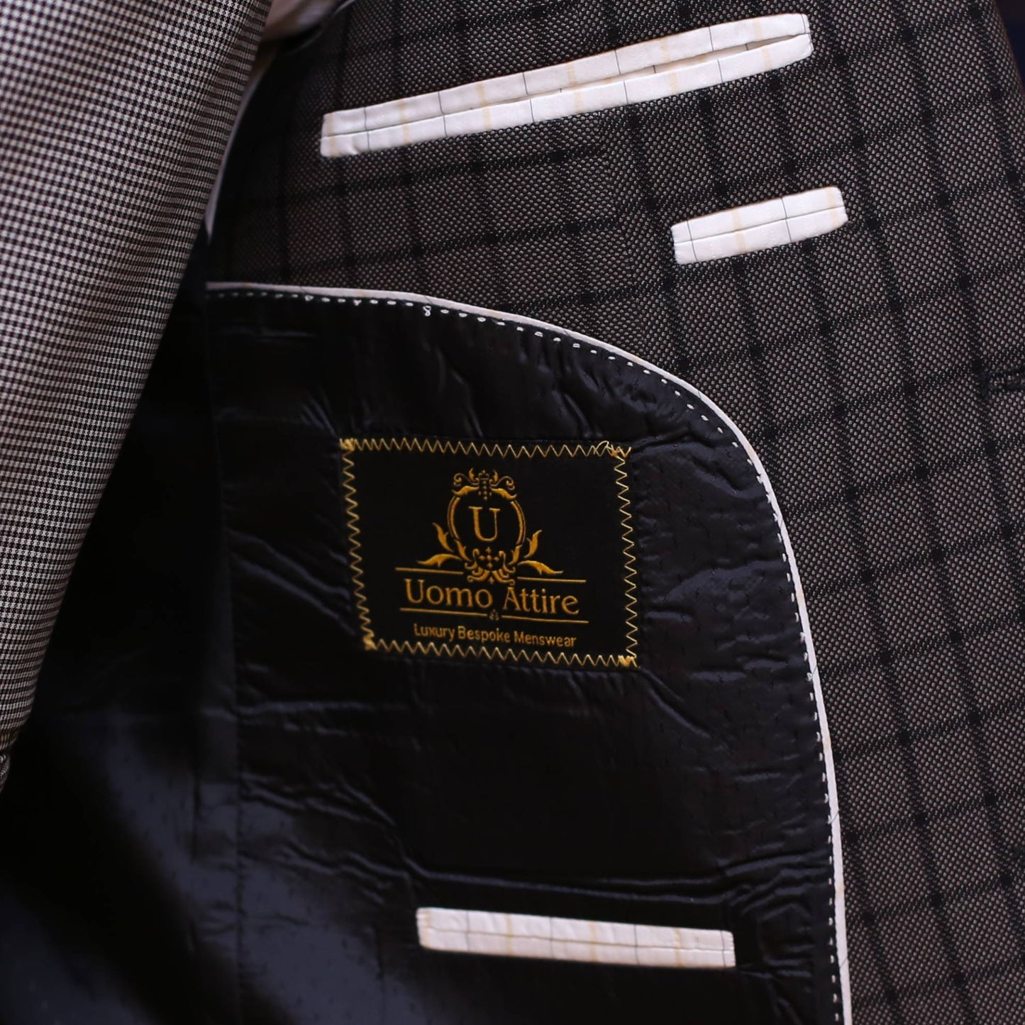 
                  
                    Contrast checkered windowpane three piece suit inside linning option
                  
                