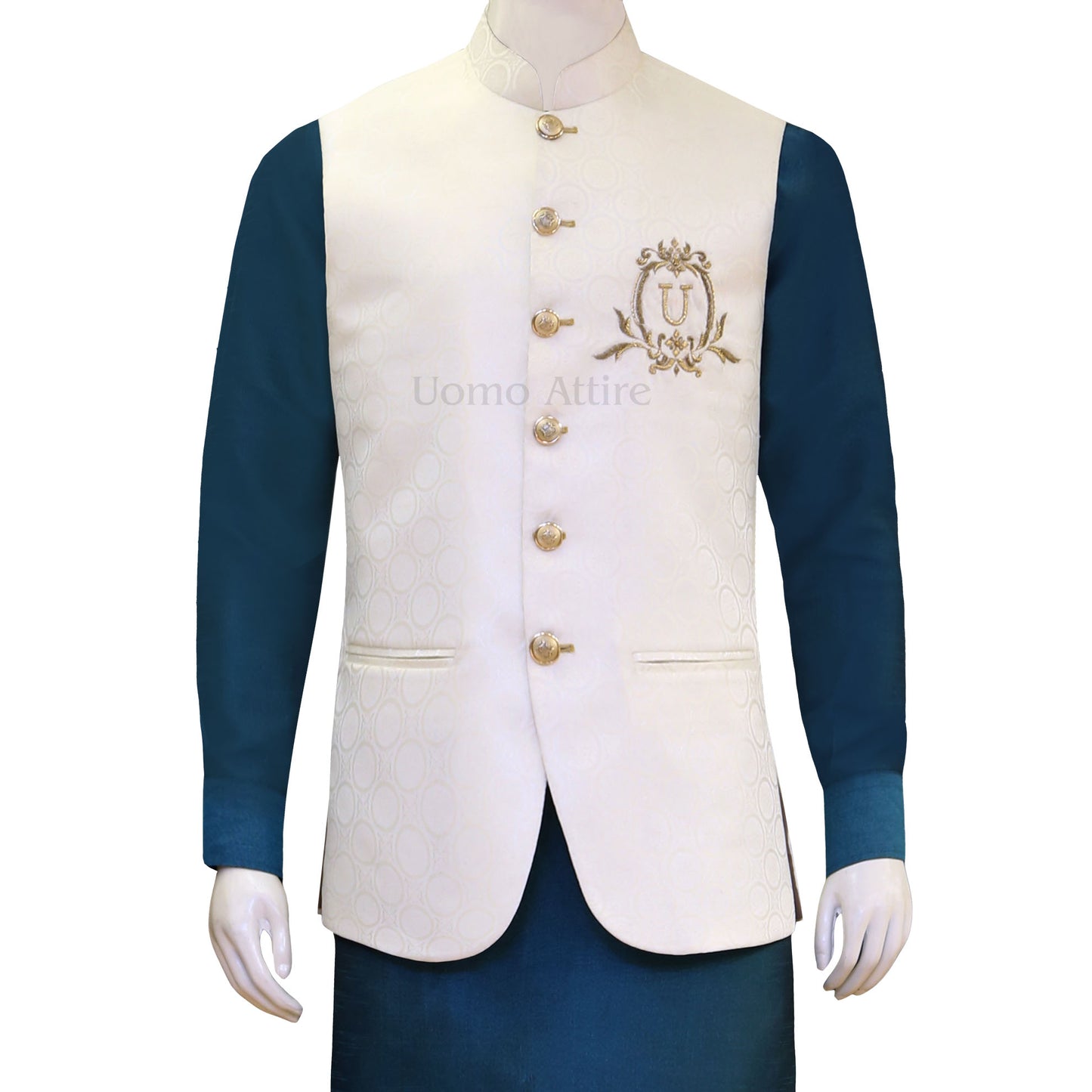 Cream round cut customized waistcoat with golden brass buttons, waistcoat