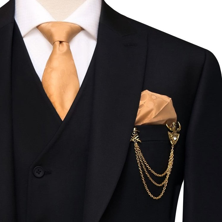 Custom-made black three piece suit, black suit for men with stylish cut vest