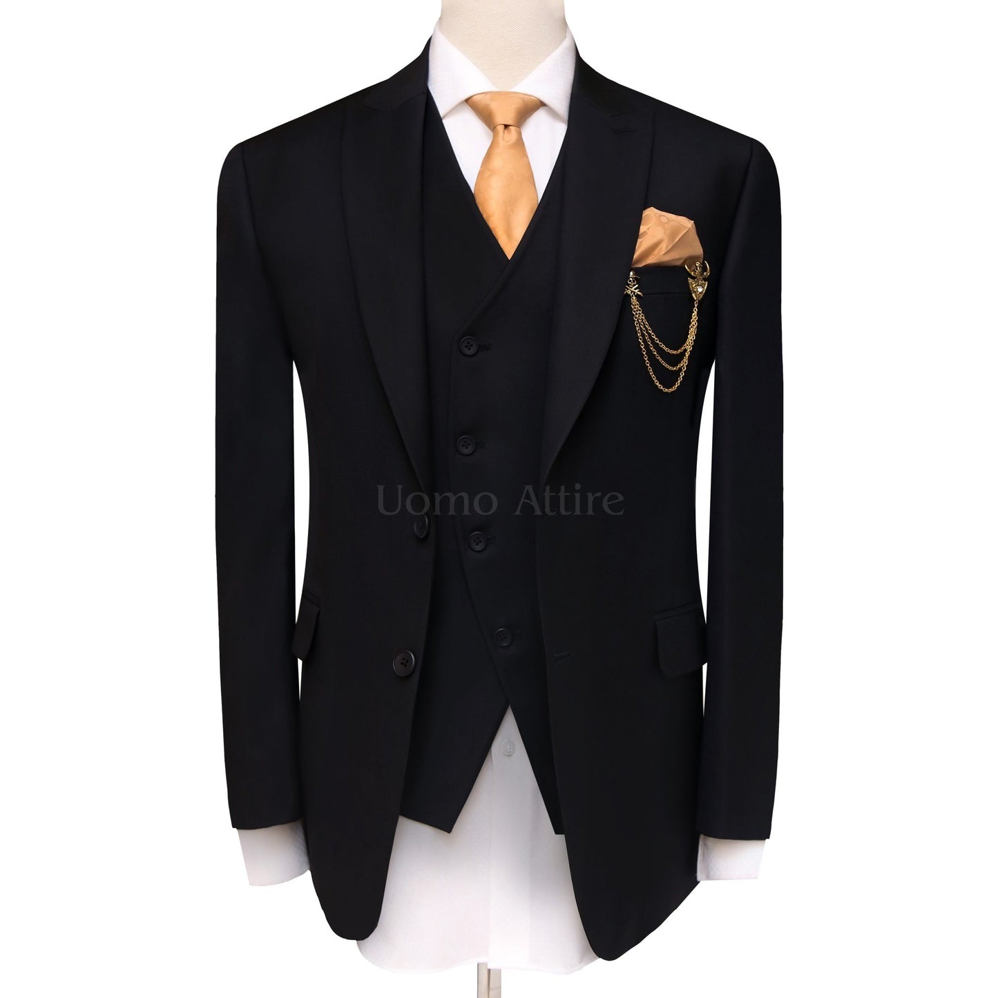 Custom-made black three piece suit, black suit for men with stylish cut vest