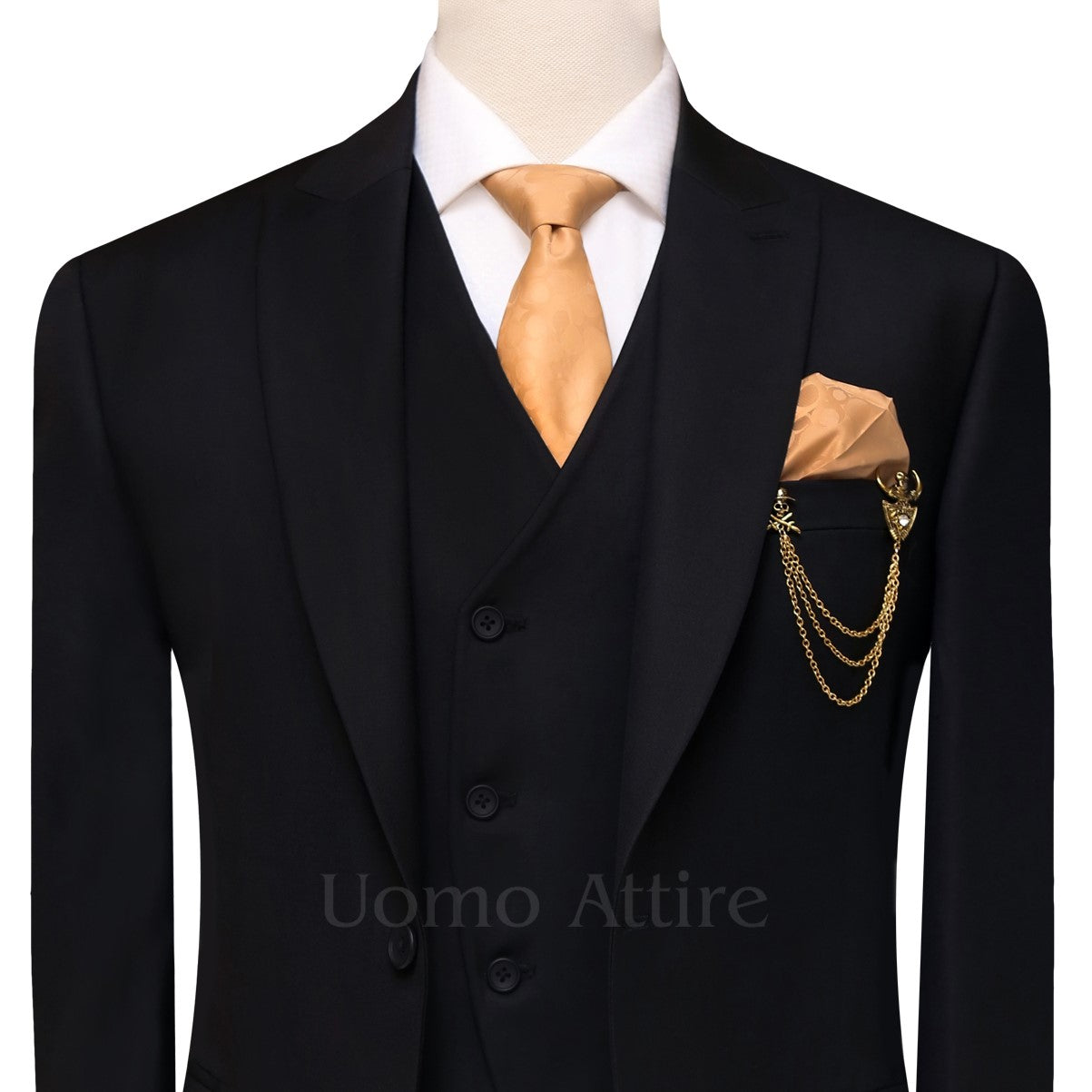 Custom-made black three piece suit, black suit for men with stylish cut vest