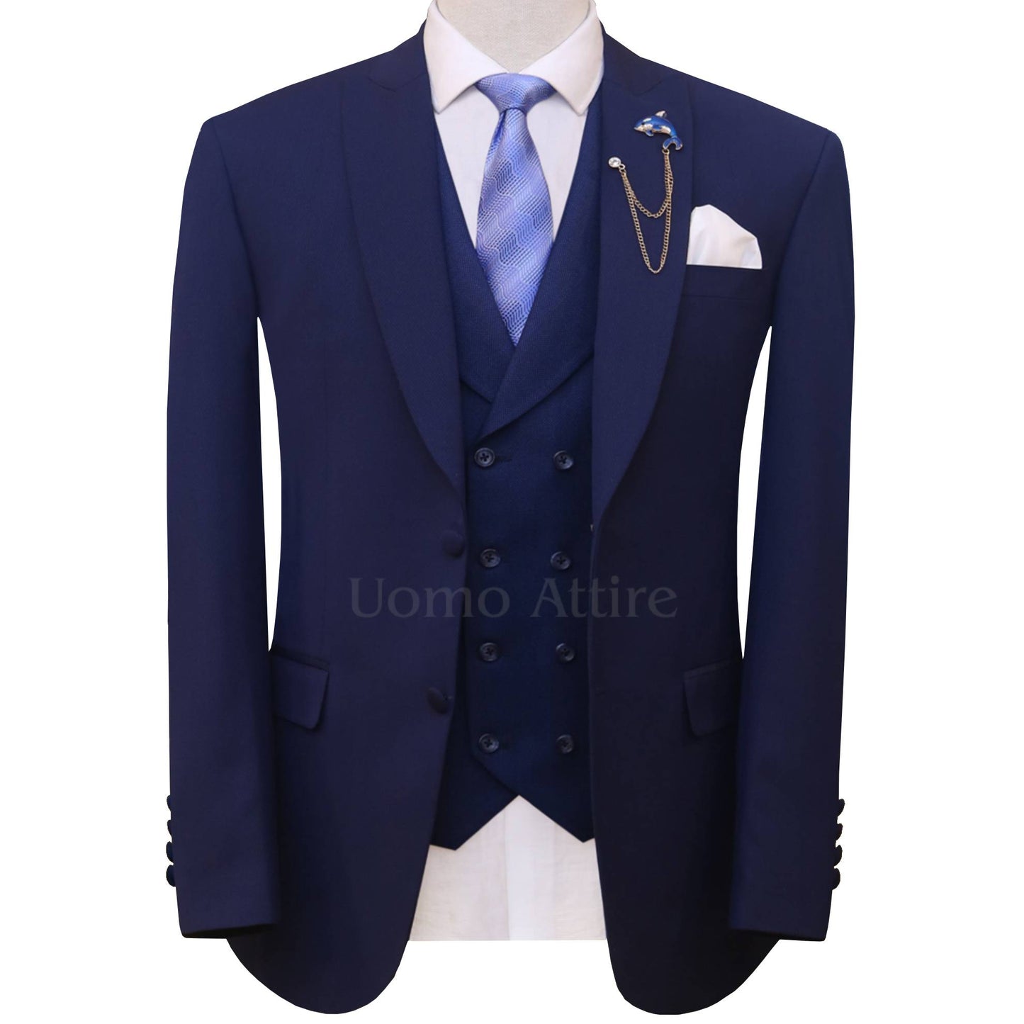 Custom-made textured light weight navy blue three piece suit