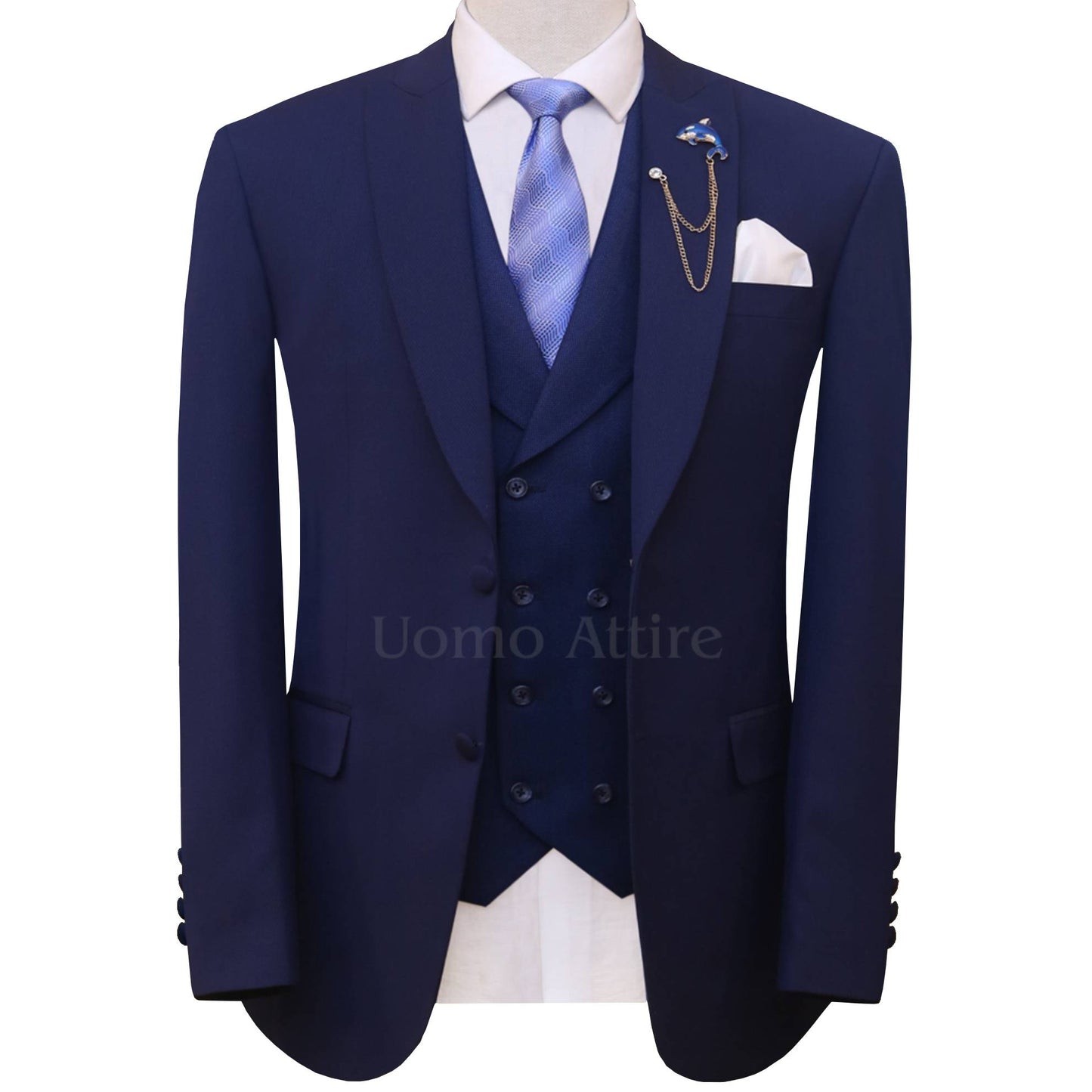 
                  
                    Custom-made textured light weight navy blue three piece suit
                  
                