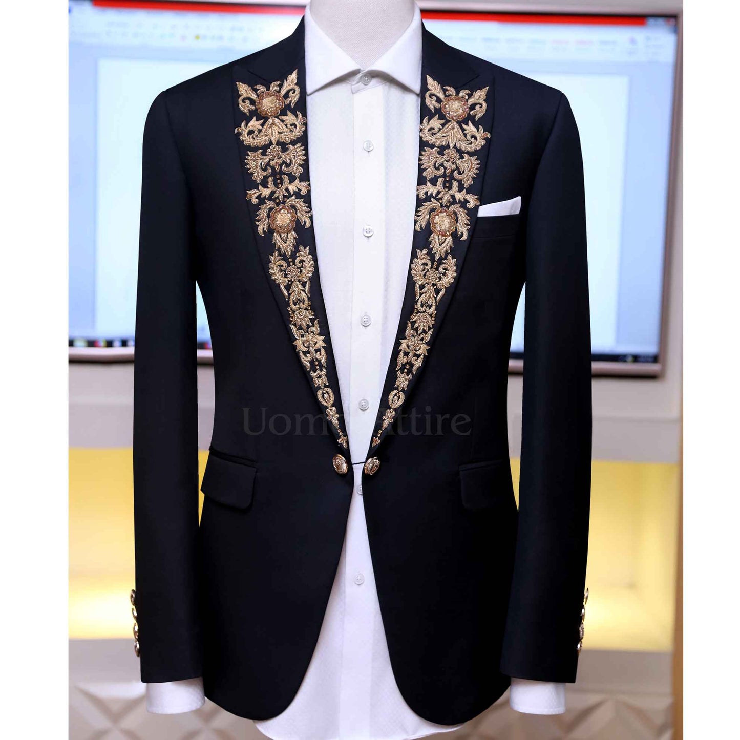 Dark black embellished lapel 2 piece tuxedo, embellished tuxedo suit, black tuxedo suit