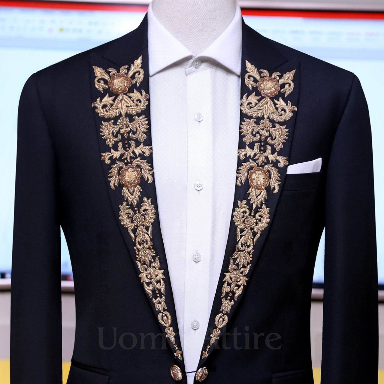 Dark black embellished lapel 2 piece tuxedo, embellished tuxedo suit, black tuxedo suit