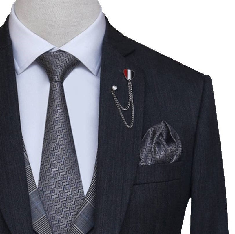 Dark gray italian woolen fabric three piece suit single breasted shawl lapel vest, lapel pin and pocket square