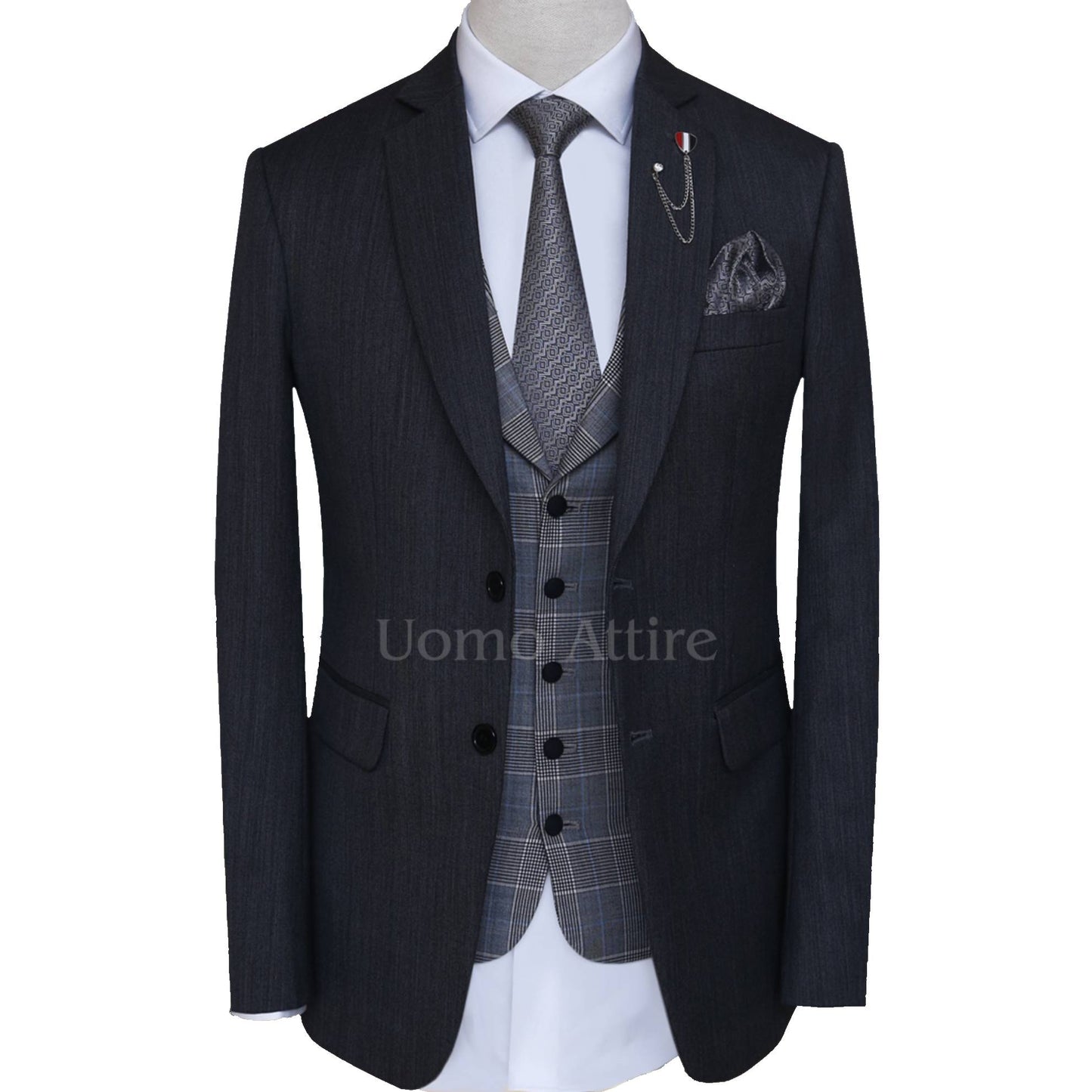 Dark gray italian woolen fabric three piece suit single breasted shawl lapel vest