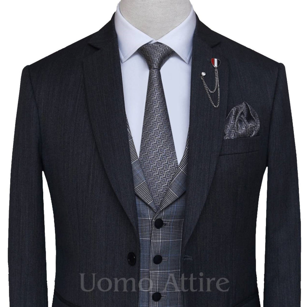 
                  
                    Dark gray italian woolen fabric three piece suit single breasted shawl lapel vest and matching formal tie
                  
                