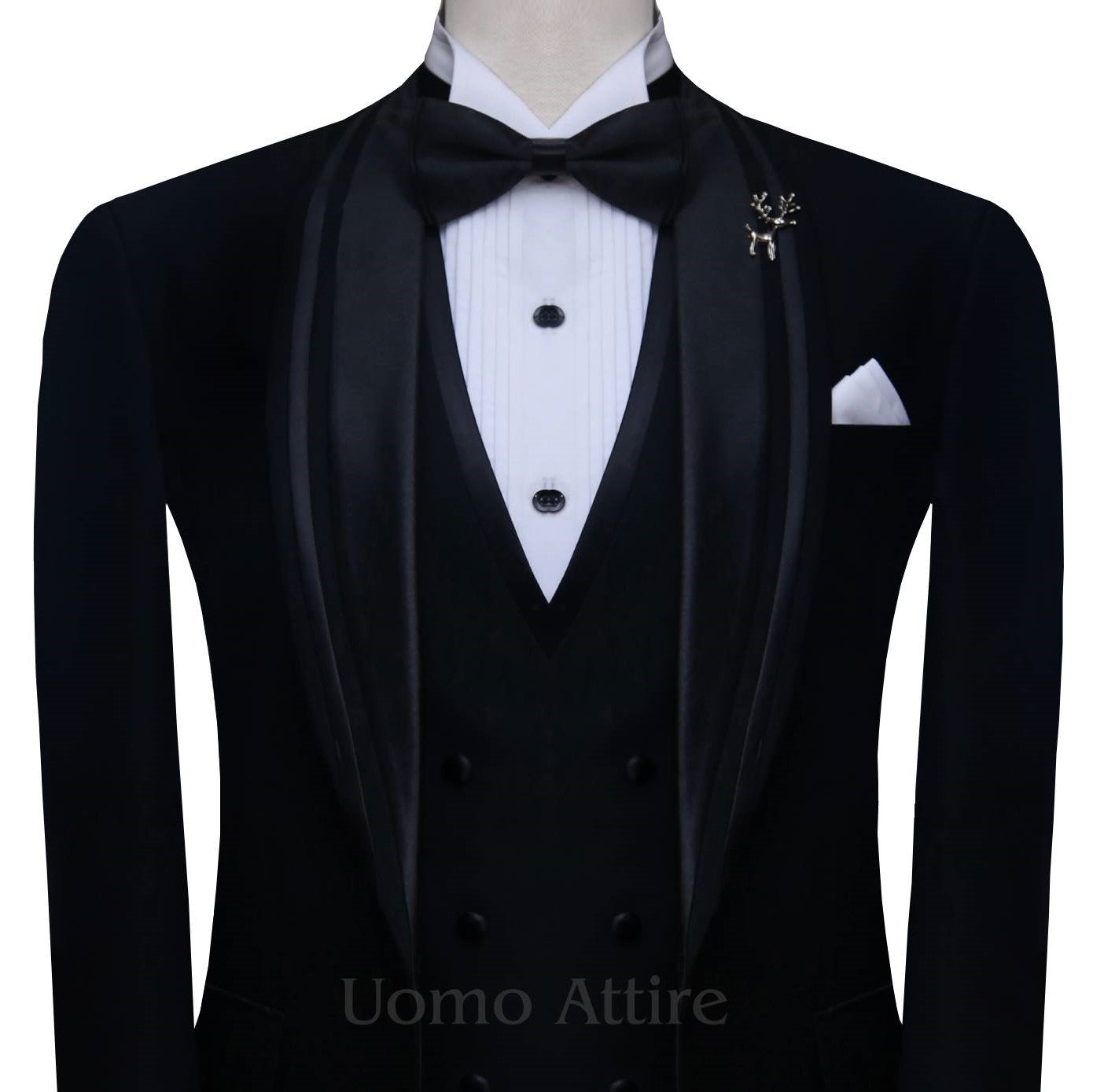 Double piping wedding tuxedo three piece suit, black tuxedo suit, black tuxedo suit with double piping shawl lapel and double breasted black vest and black tuxedo tie