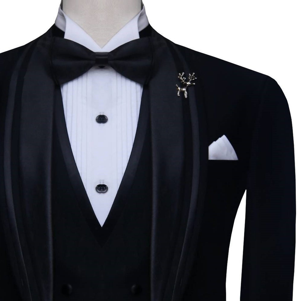 
                  
                    Double piping wedding tuxedo three piece suit, black tuxedo suit, black tuxedo suit with double piping shawl lapel and double breasted black vest and black tuxedo tie
                  
                