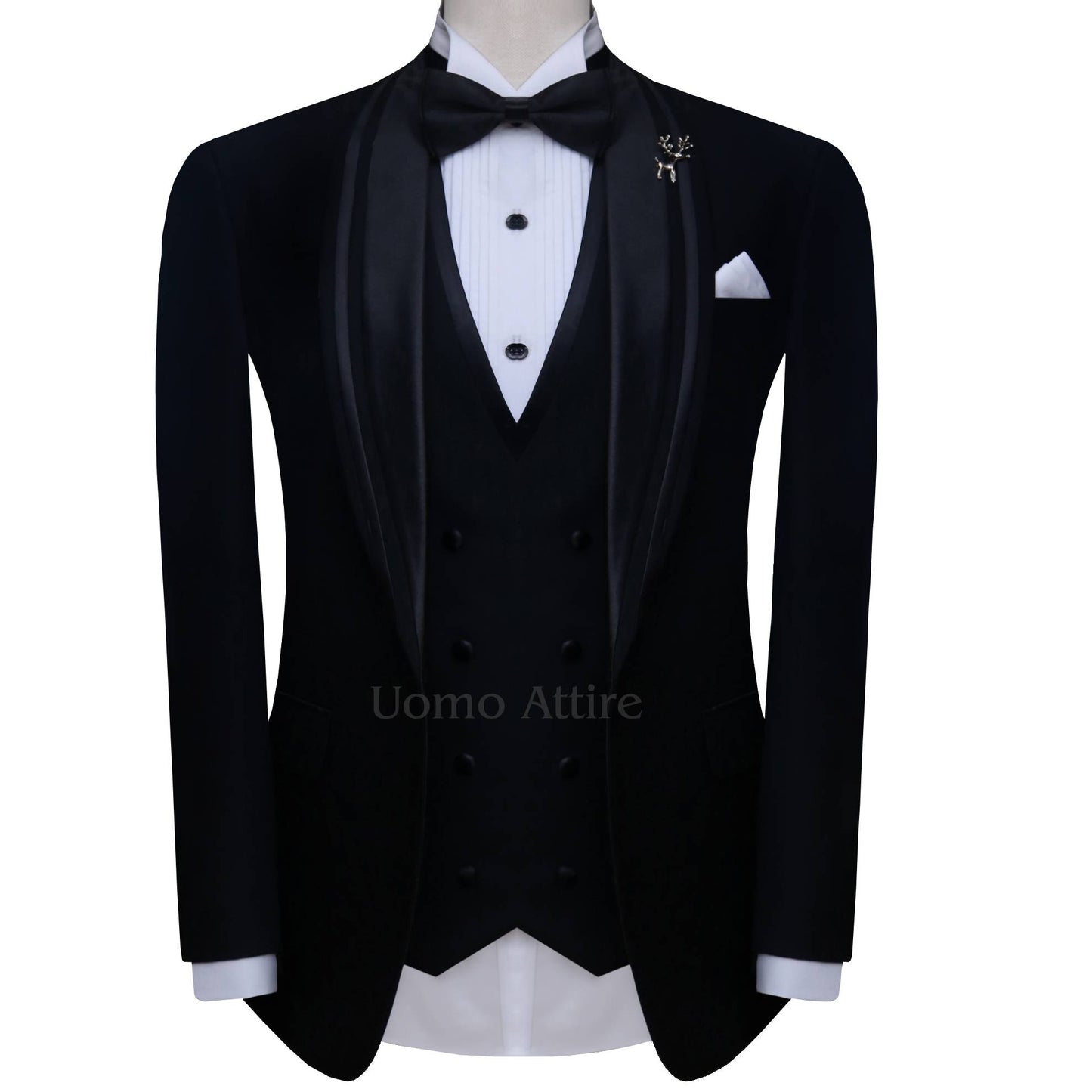 Double piping wedding tuxedo three piece suit, black tuxedo suit, black tuxedo suit with double piping shawl lapel and double breasted black vest and black tuxedo tie