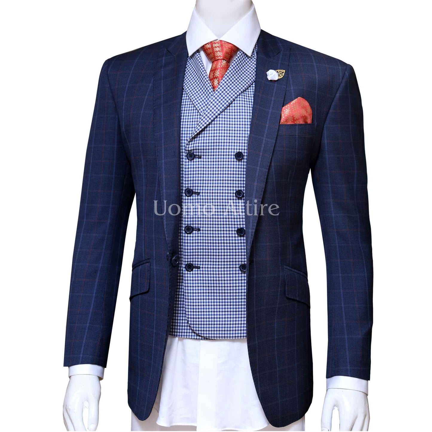 Glen check bespoke 3 piece suit, 3 piece suit for men with double breasted shawl lapel vest, 3 piece suit for men