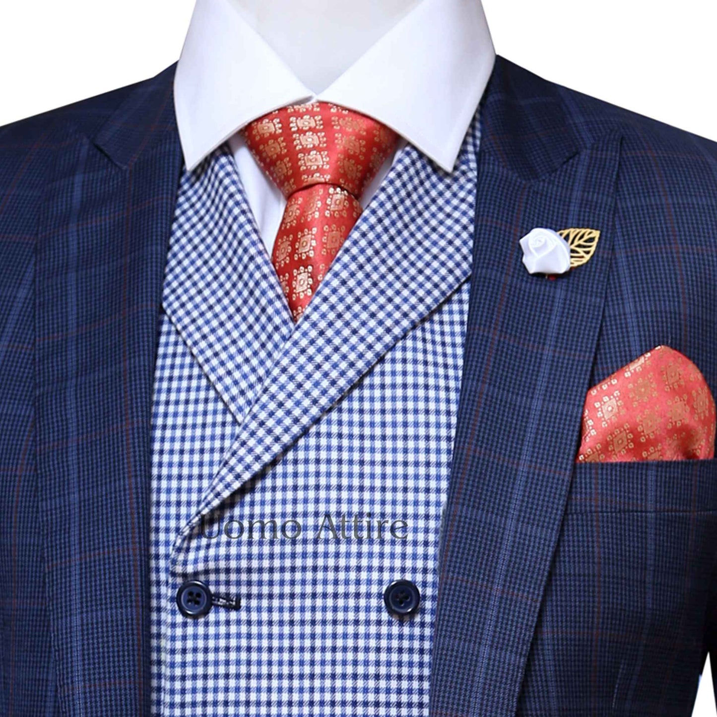 Glen check bespoke 3 piece suit, 3 piece suit for men with double breasted shawl lapel vest- 3 piece suit for men