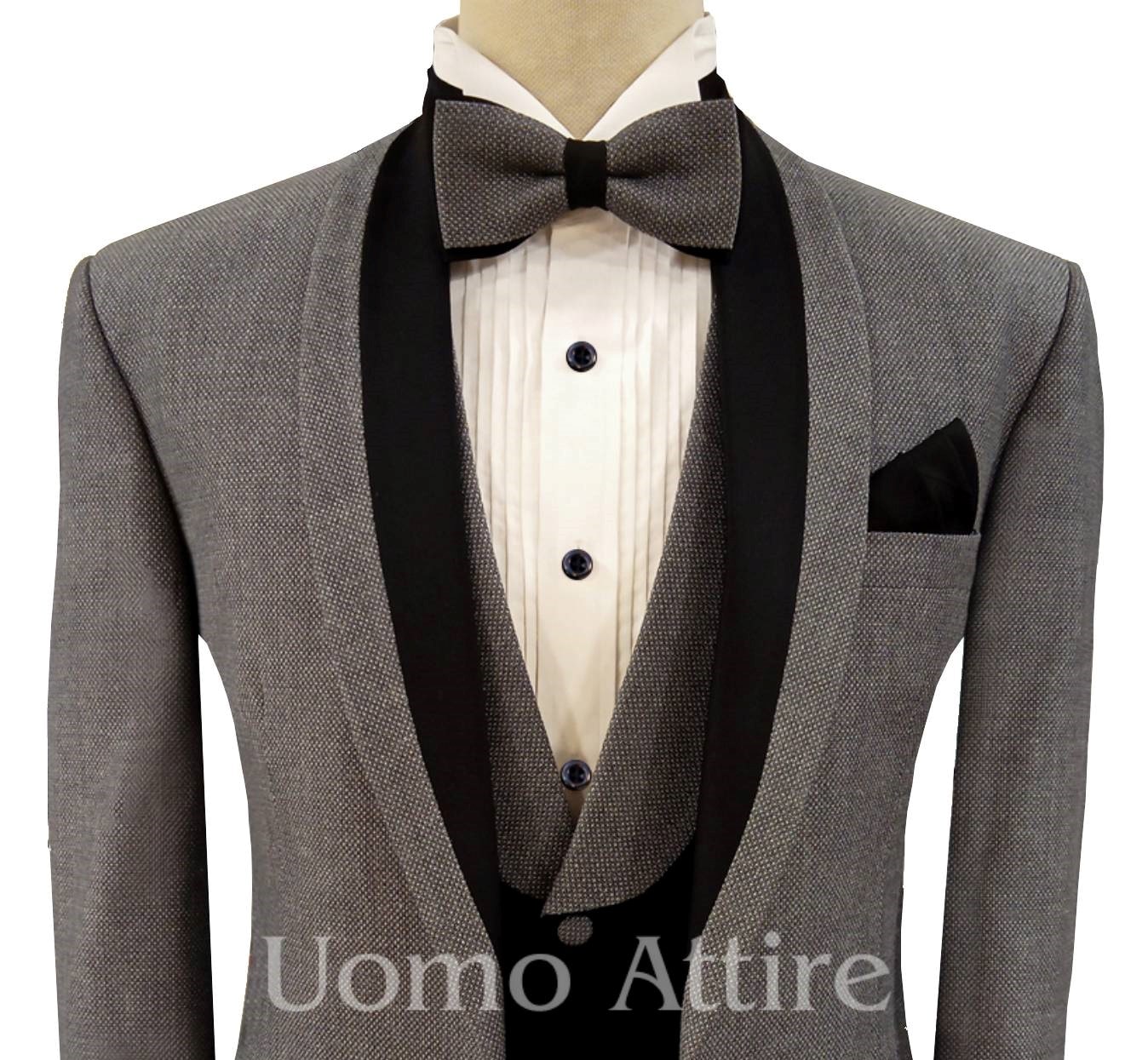 Grey pindot contrast tuxedo 3 piece suit, gray 3 piece suit for men