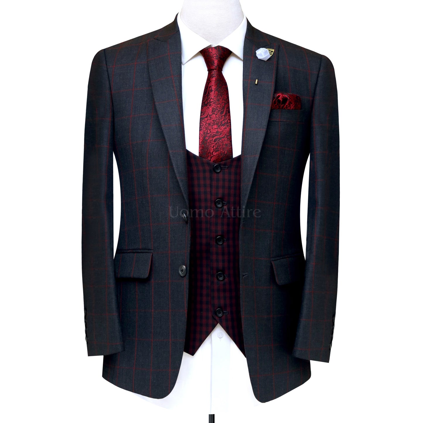 Grey windowpane check three piece suit, gray 3 piece suit with single breasted contrast check vest and formal tie
