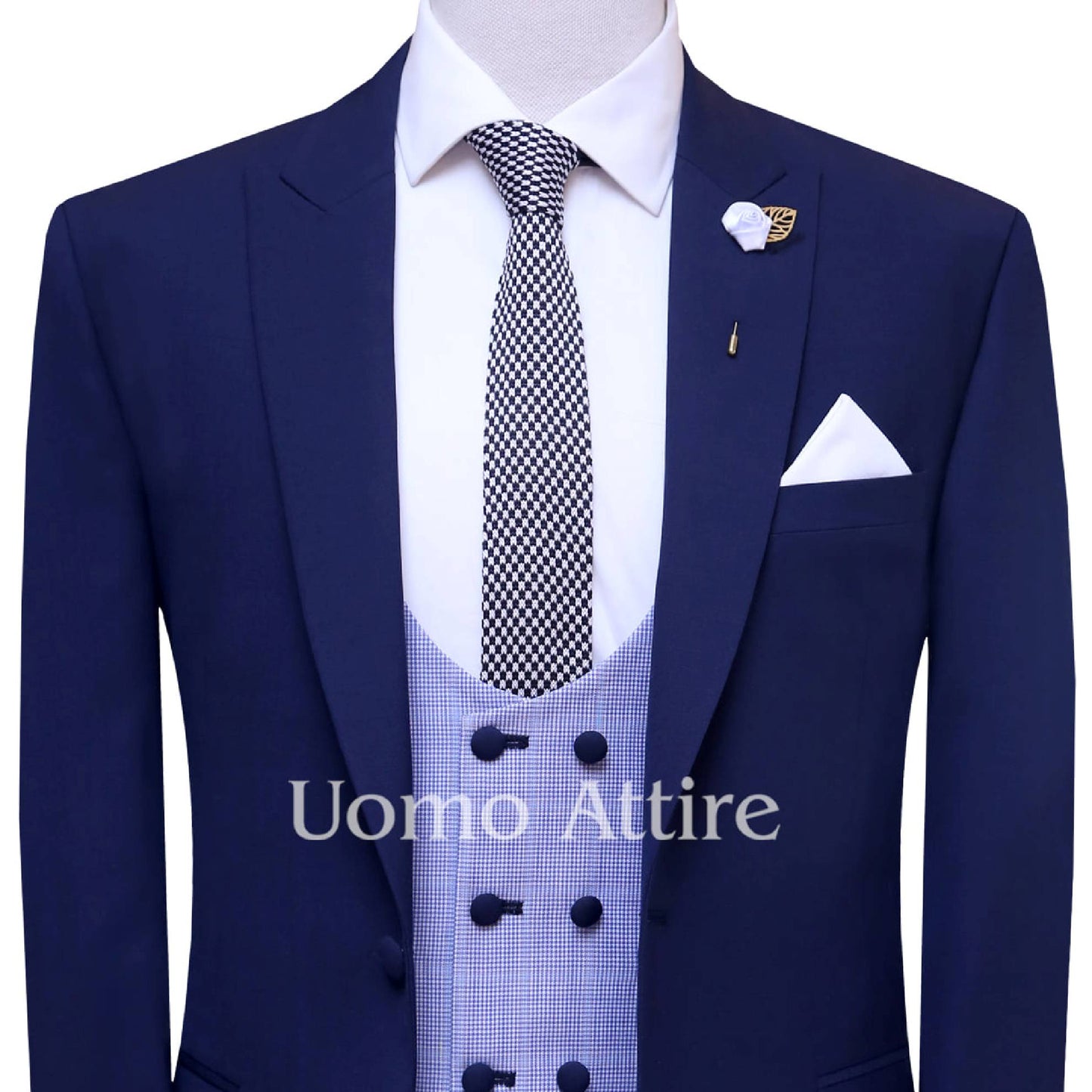 Ink blue 3 piece suit for men with mini check vest, knitted tie, lapel pin and pocket sqaure