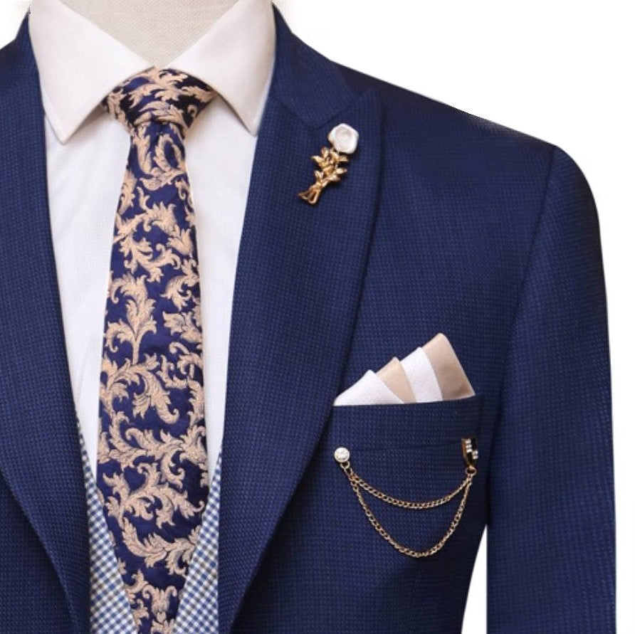 Italian tropical limited edition 3 piece suit with jamawar tie and lapel pin, blue 3 piece suit