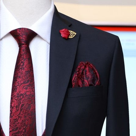 Jet black 3 piece suit with jamawar vest with jamawar formal tie and pocket square