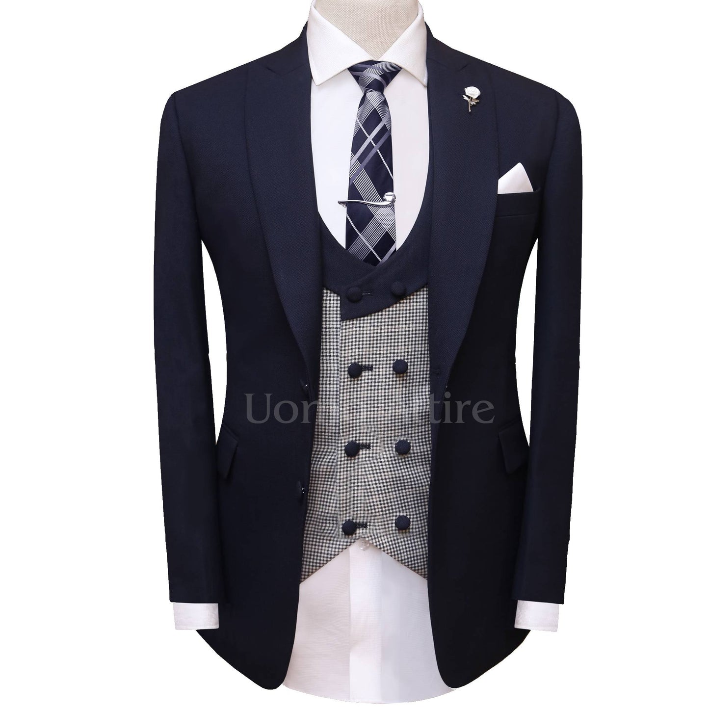 Navy blue contrast three piece suit, blue suit for wedding