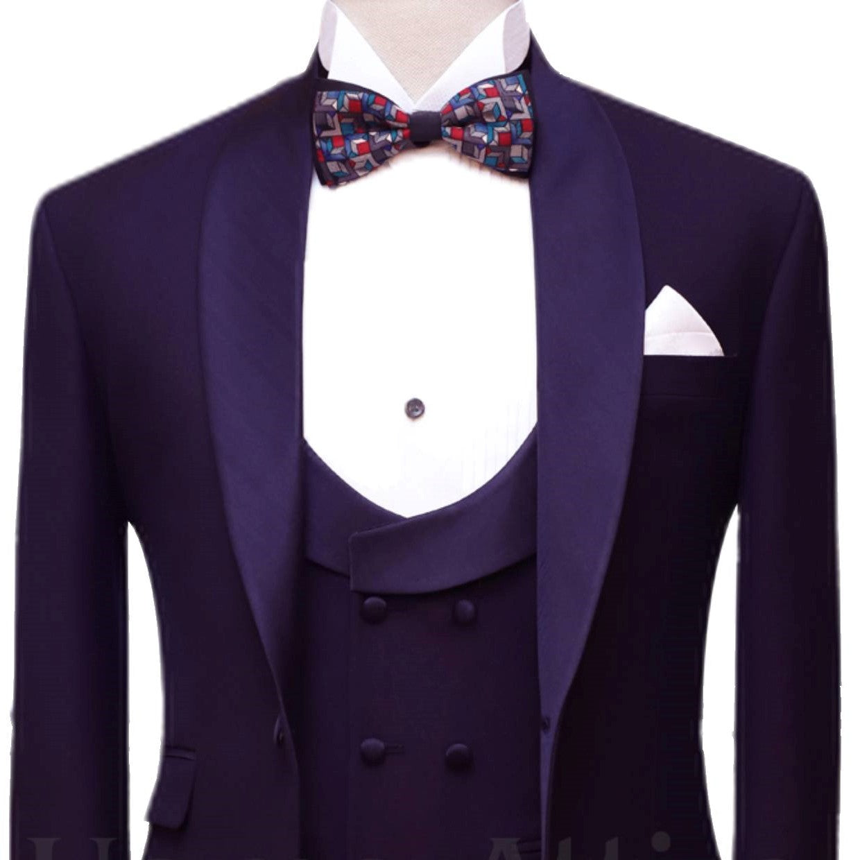 Plum bird eye self-textured tuxedo three piece suit with tuxedo tie