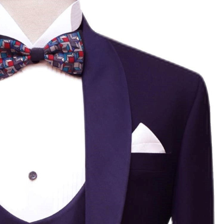 Plum bird eye self-textured tuxedo three piece suit with tuxedo tie, shawl lapel and pocket square