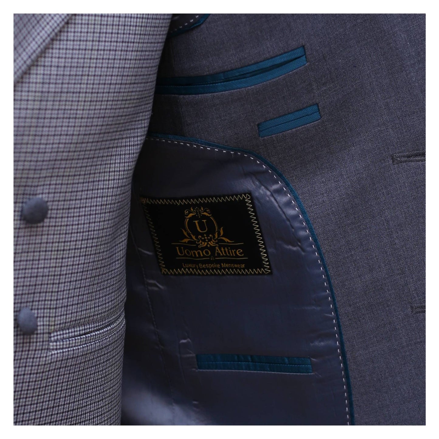 Silver grey three piece suit with v shape shawl lapel inside lining options